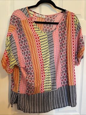 Cato Pink Yellow Black Patterned Short Sleeve Top